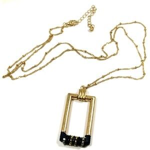 Geometric Rectangle Pendant Necklace, Gold Tone, Black Bead Accents, Long Chain